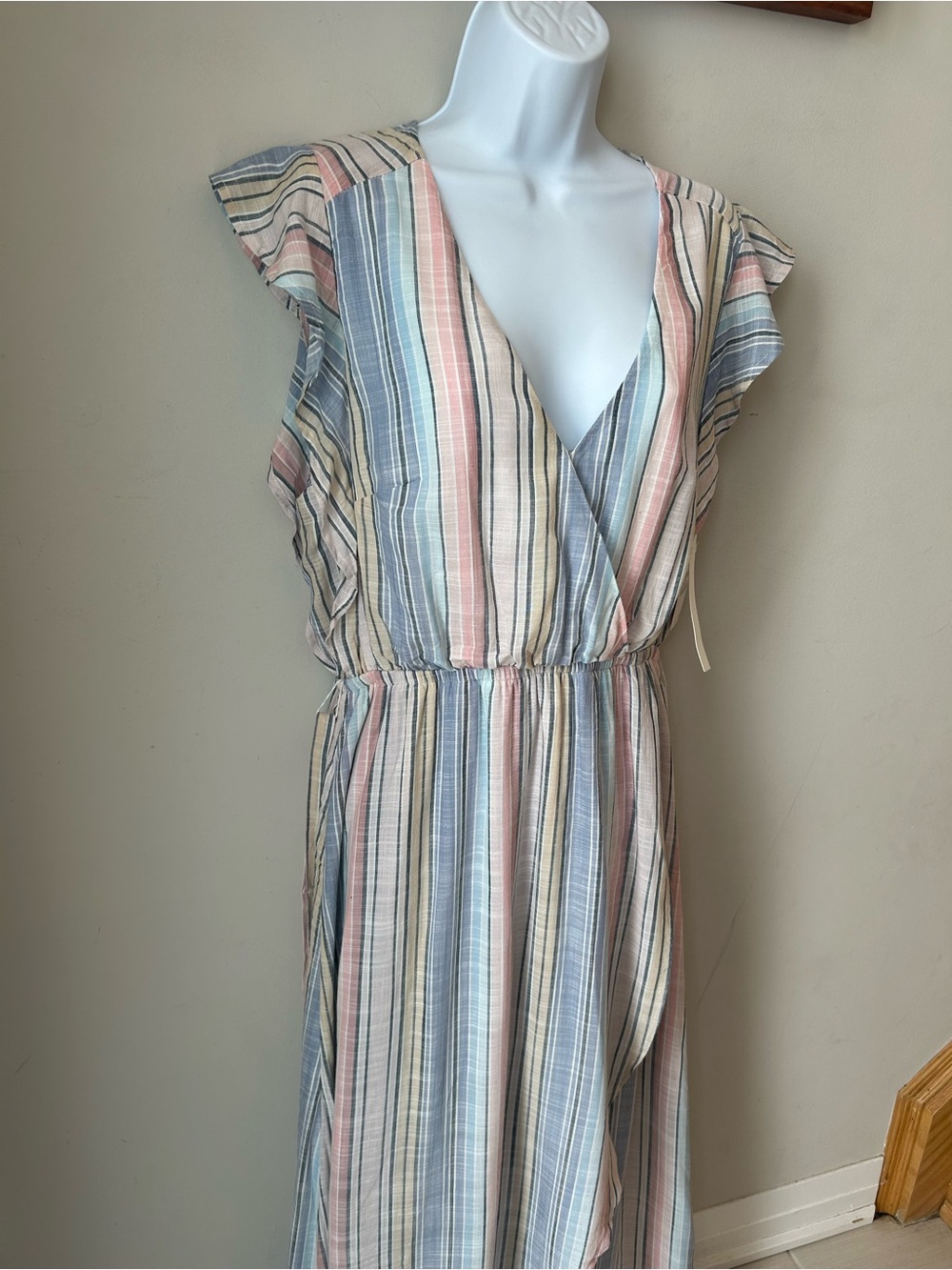 Caslon Stripe Wrap Midi Dress Belted Flutter Sleeve L NWT Coastal Casual